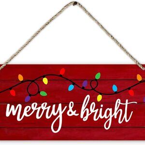 Merry And Bright Christmas Signs, Red Farmhouse Welcome Wooden 12x6 - New
